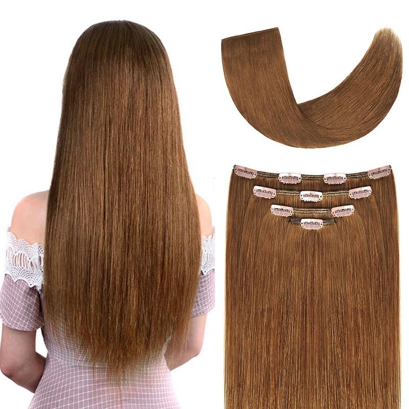 Winsky 16" Clip in Hair Extensions Remy Human Hair for Women - Silky Straight Clip in Hair Extensions Human Hair 55grams 4pieces Chestnut Brown #8 Color - Image 1